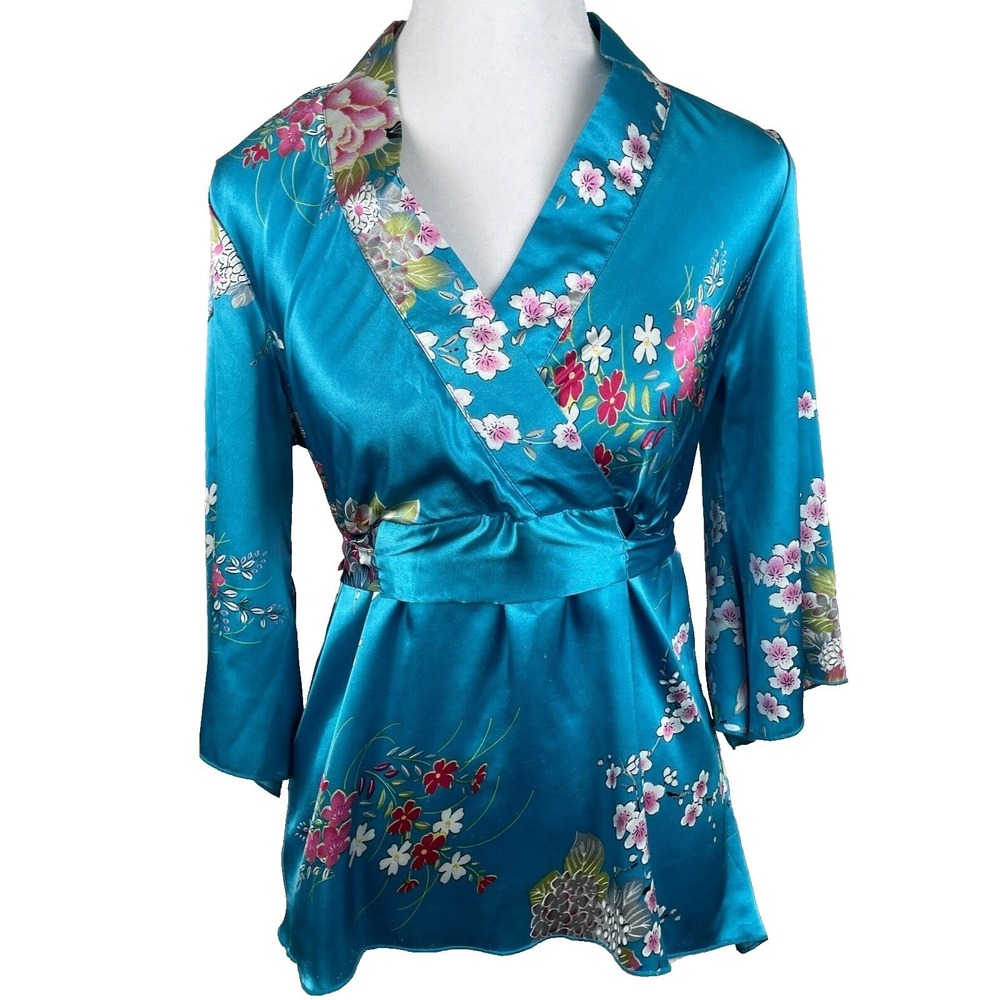 Vintage SILVER DRAGON Asian Brocade Silk Top Women Medium Blue Floral Blouse Y2K
